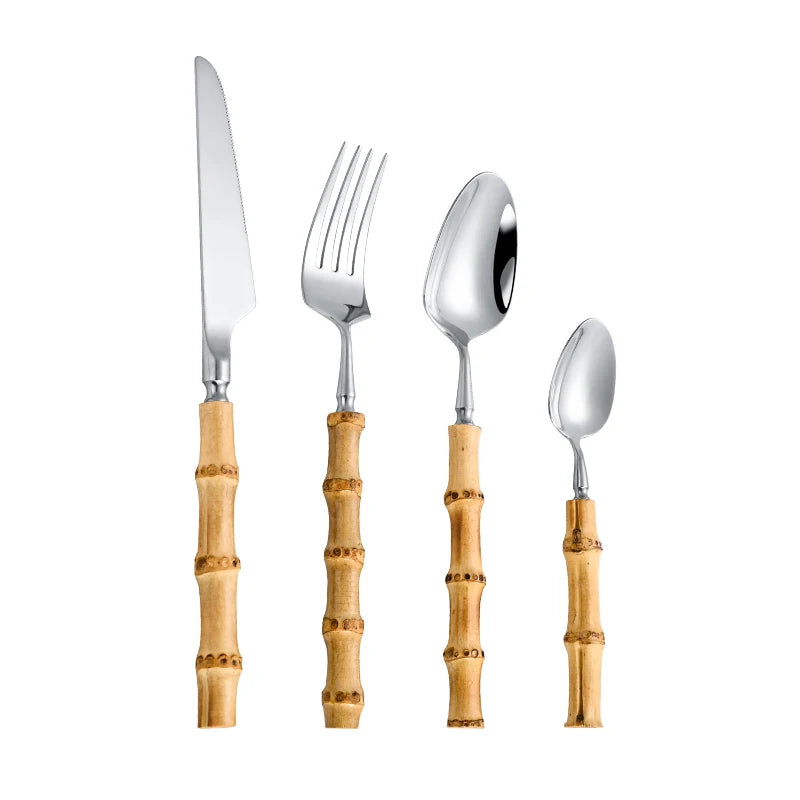 Luxury Bamboo Handle Cutlery Set – Knife, Fork & Spoon, Stainless Steel Flatware