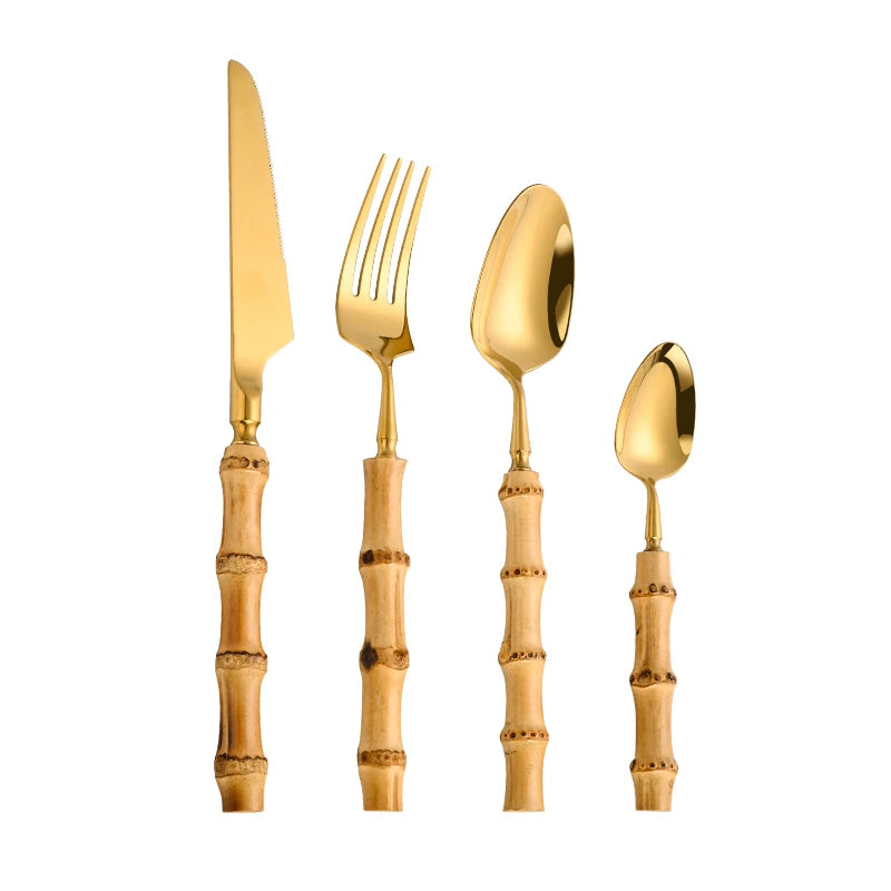 Luxury Bamboo Handle Cutlery Set – Knife, Fork & Spoon, Stainless Steel Flatware