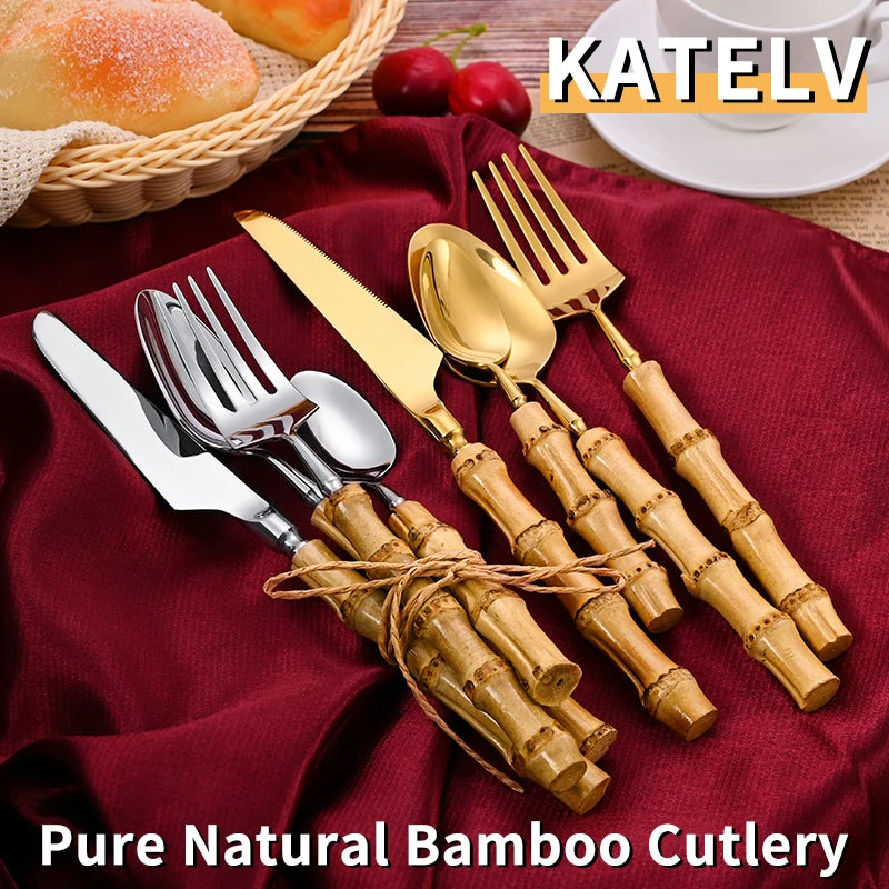 Luxury Bamboo Handle Cutlery Set – Knife, Fork & Spoon, Stainless Steel Flatware