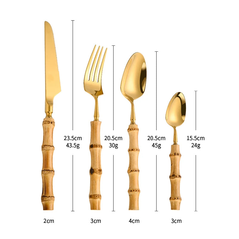 Luxury Bamboo Handle Cutlery Set – Knife, Fork & Spoon, Stainless Steel Flatware