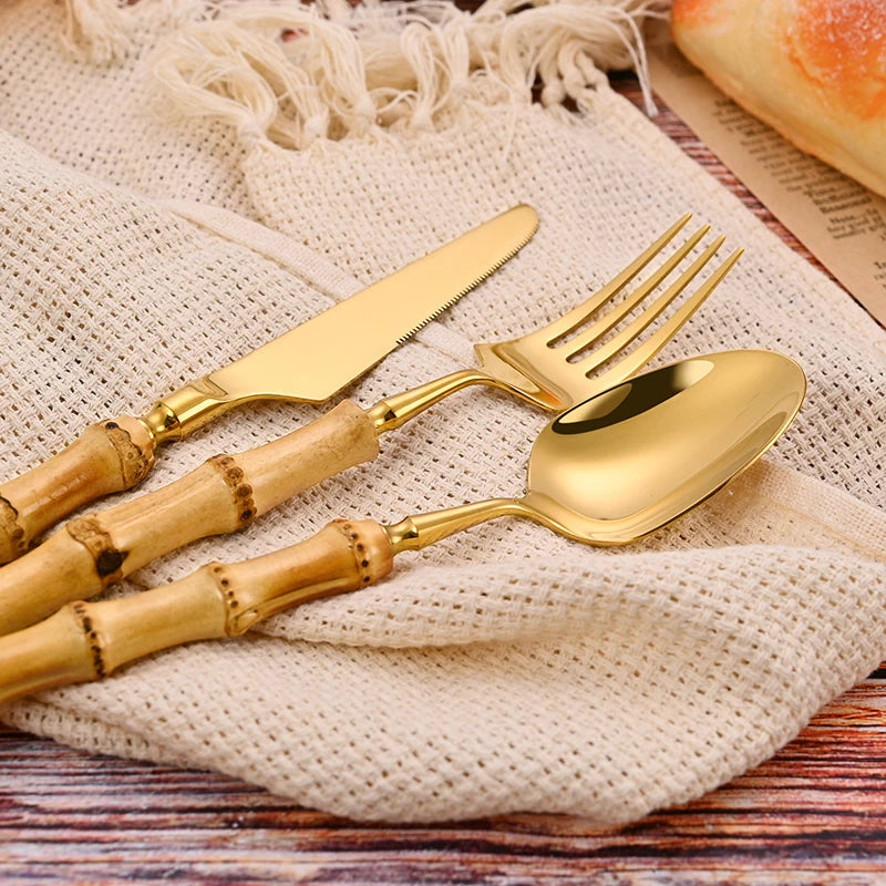 Luxury Bamboo Handle Cutlery Set – Knife, Fork & Spoon, Stainless Steel Flatware