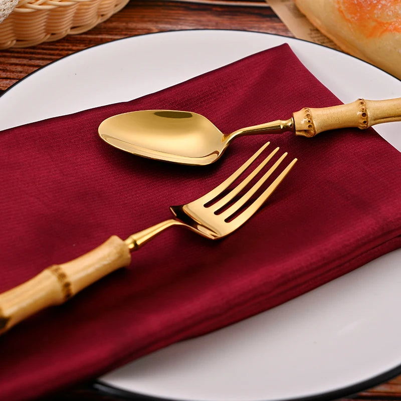 Luxury Bamboo Handle Cutlery Set – Knife, Fork & Spoon, Stainless Steel Flatware