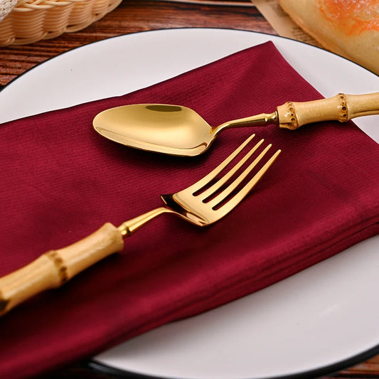 Luxury Bamboo Handle Cutlery Set – Knife, Fork & Spoon, Stainless Steel Flatware