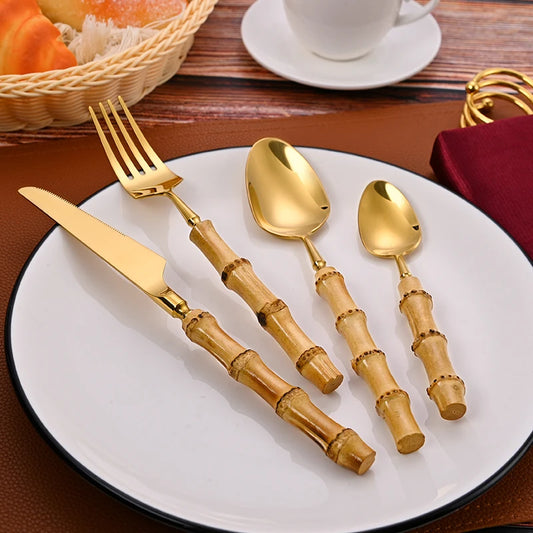 Luxury Bamboo Handle Cutlery Set – Knife, Fork & Spoon, Stainless Steel Flatware